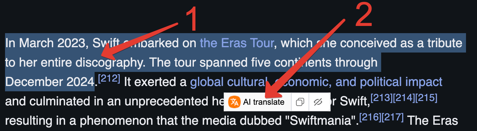 AI Translation Bubble - Select text and click AI Translate button